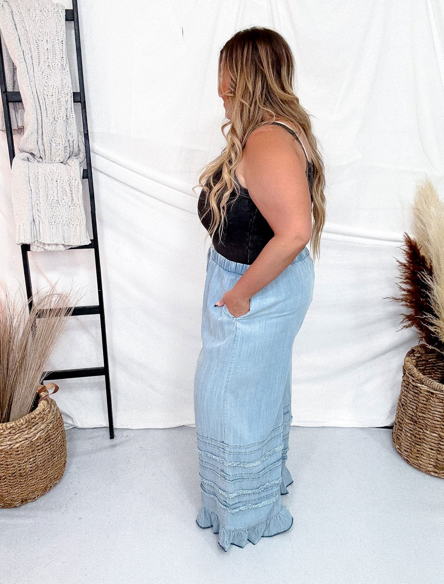 Wide Leg Chambray Pants With Ruffle Hem In Light Denim - Whiskey Skies - EASEL