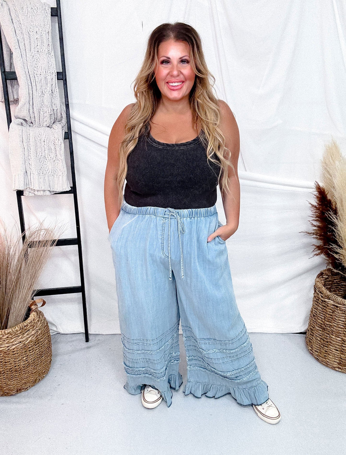Wide Leg Chambray Pants With Ruffle Hem In Light Denim - Whiskey Skies - EASEL