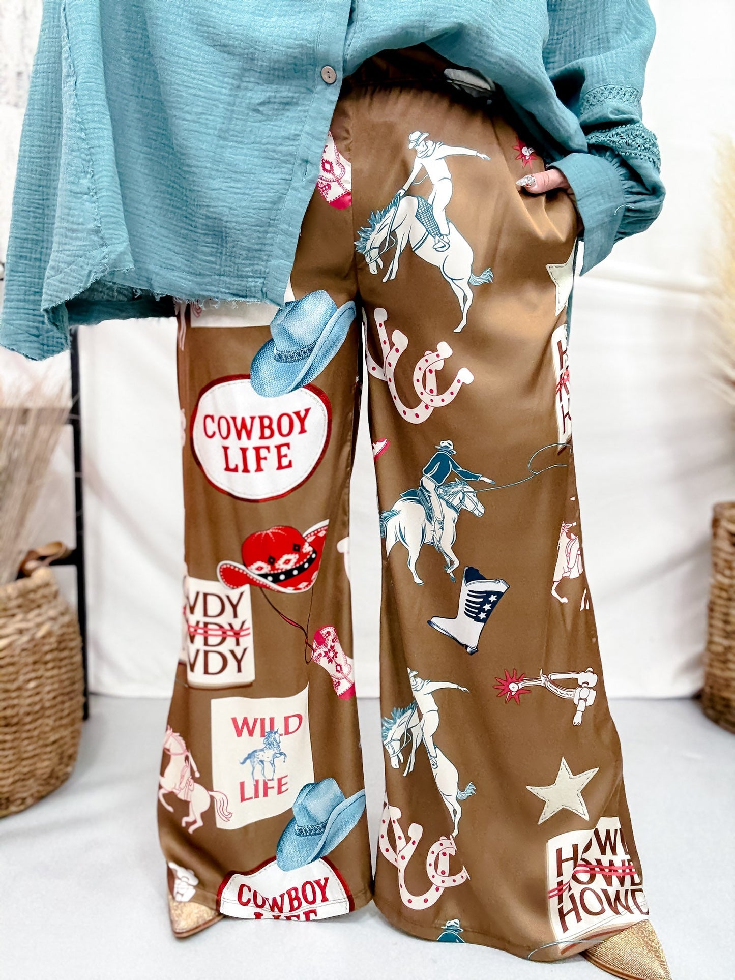 Wide Leg Cowboy Party Pants In Mocha - Whiskey Skies - JADE BY JANE