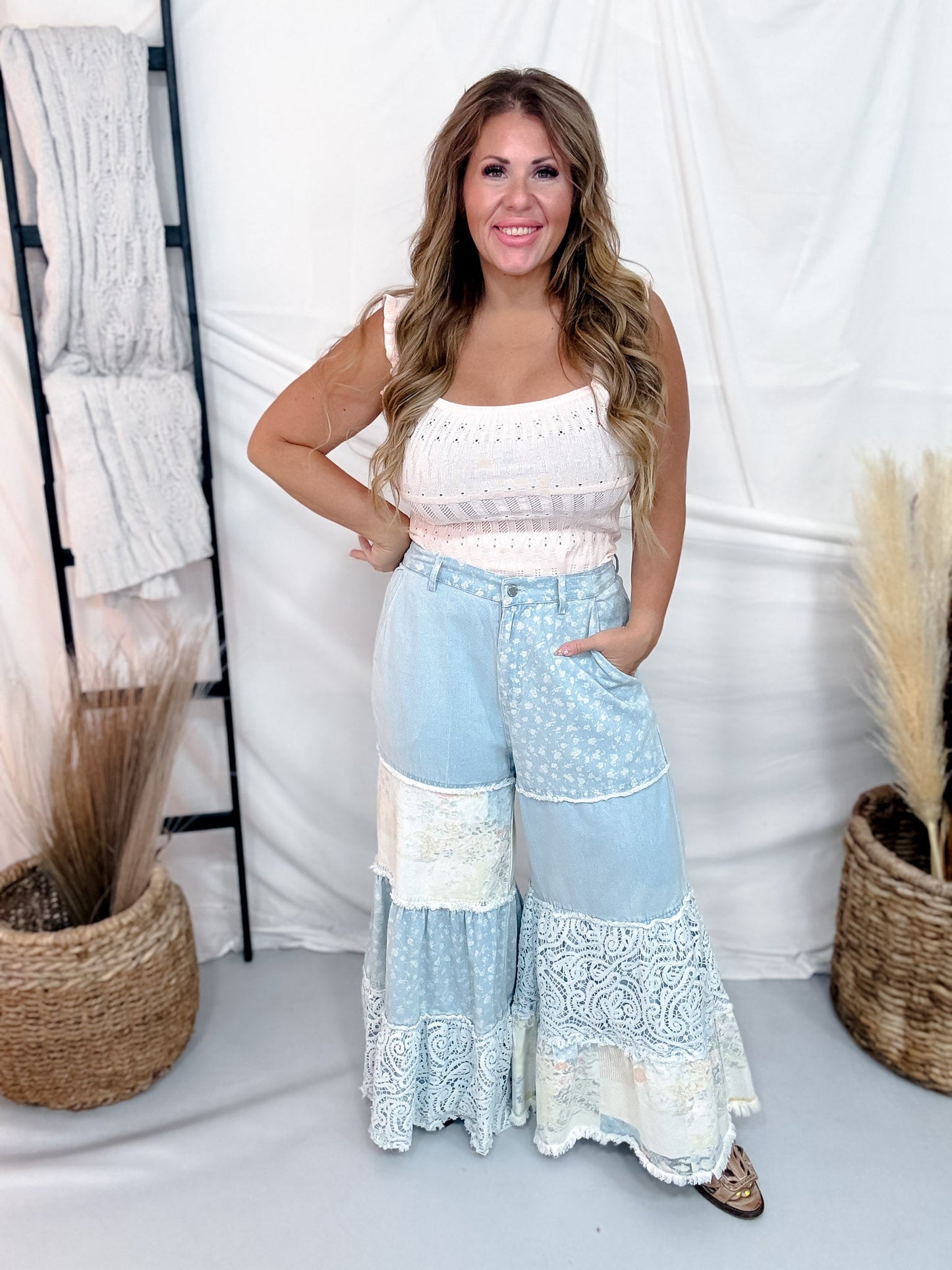 Wide Leg Denim & Lace Jeans With Floral Patchwork - Whiskey Skies - DAVI & DANI