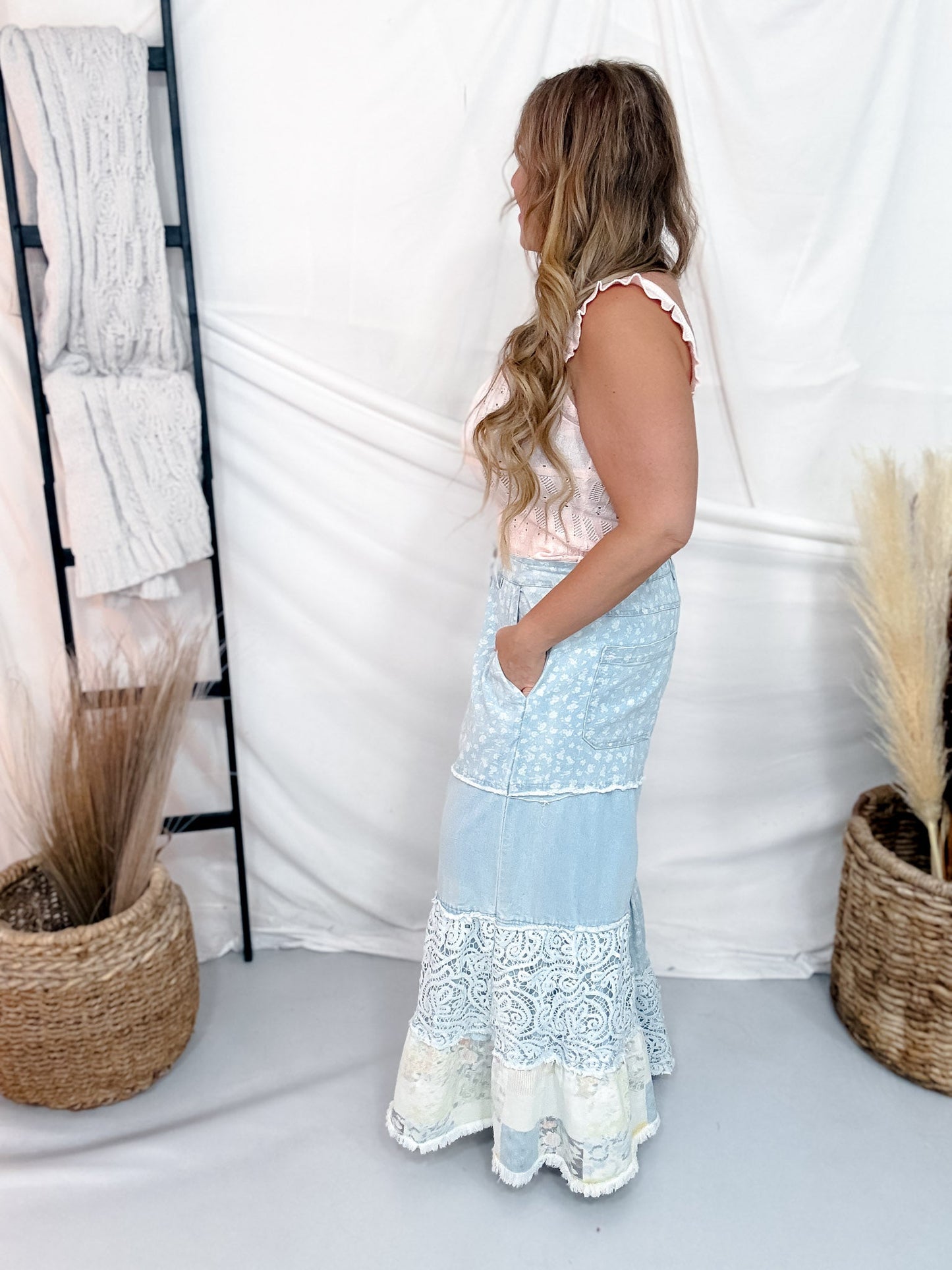 Wide Leg Denim & Lace Jeans With Floral Patchwork - Whiskey Skies - DAVI & DANI
