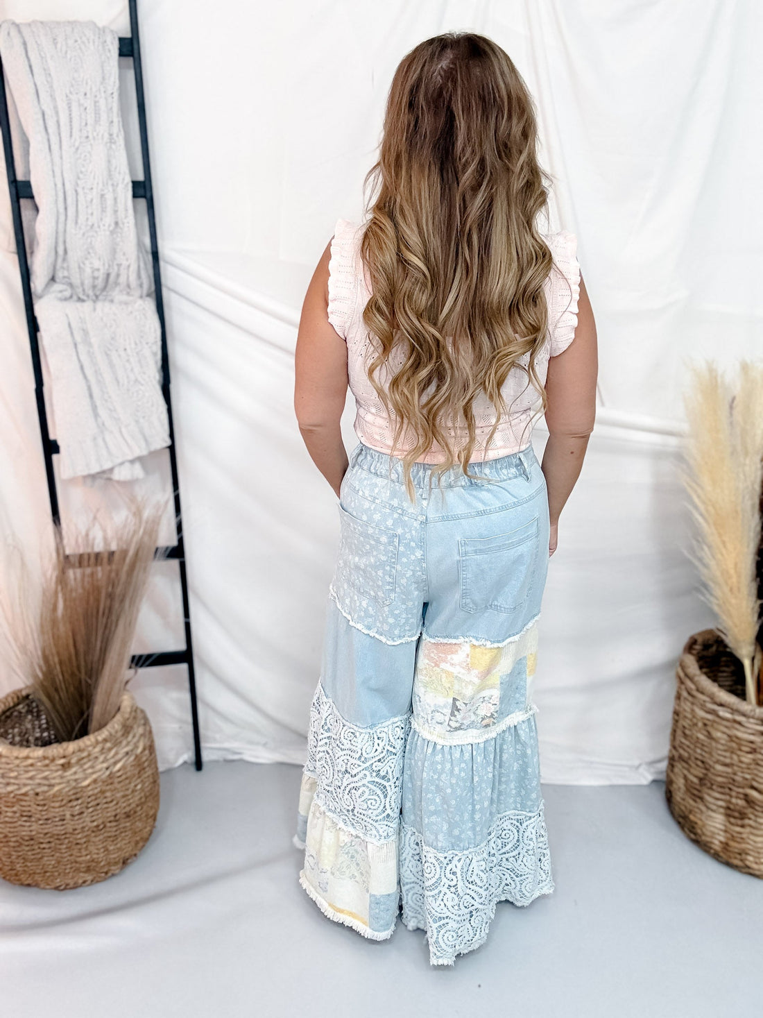 Wide Leg Denim & Lace Jeans With Floral Patchwork - Whiskey Skies - DAVI & DANI