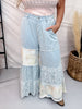 Wide Leg Denim & Lace Jeans With Floral Patchwork - Whiskey Skies - DAVI & DANI