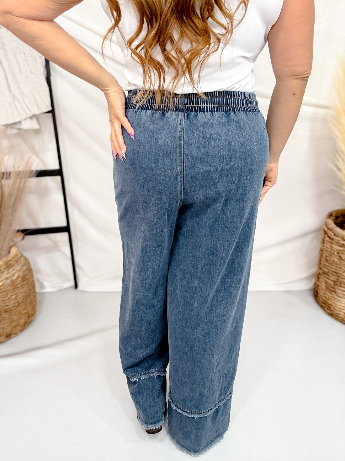 Wide Leg Drawstring Waist Pants With Floral Appliques - Whiskey Skies - HEIMISH