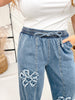Wide Leg Drawstring Waist Pants With Floral Appliques - Whiskey Skies - HEIMISH
