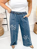 Wide Leg Drawstring Waist Pants With Floral Appliques - Whiskey Skies - HEIMISH