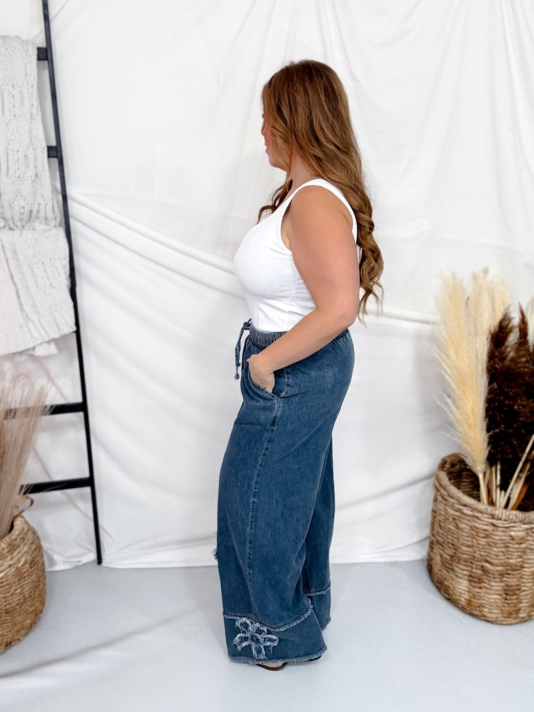 Wide Leg Drawstring Waist Pants With Floral Appliques - Whiskey Skies - HEIMISH
