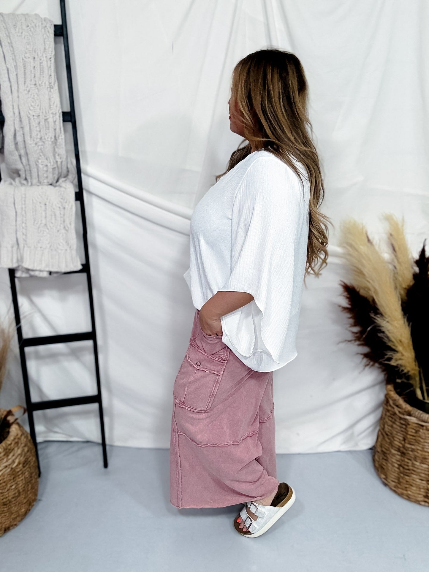 Wide Leg Pull On Cargo Pants in Faded Plum - Whiskey Skies - EASEL