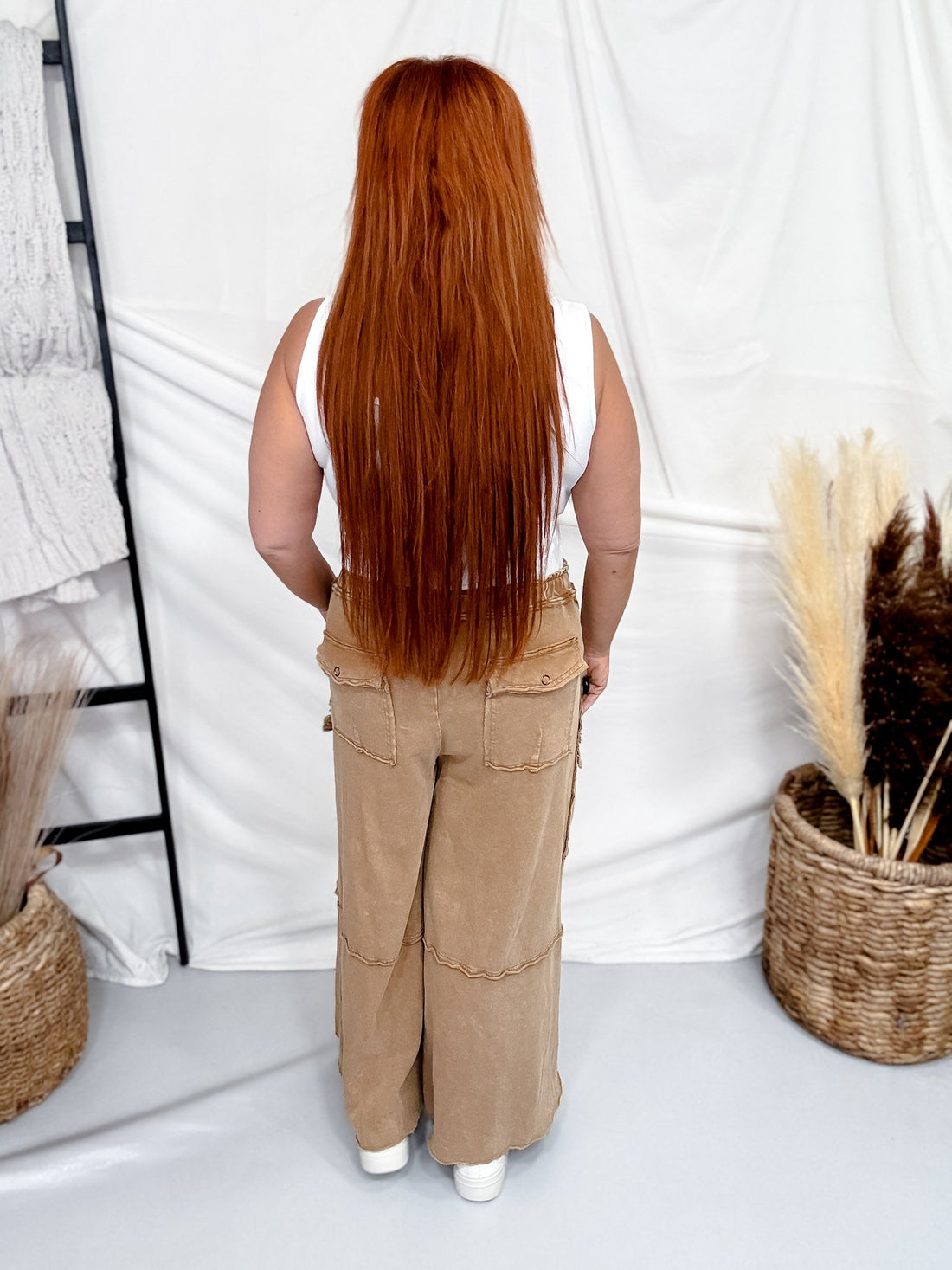 Wide Leg Terry Knit Pull on Cargo Pants in Latte - Whiskey Skies - EASEL