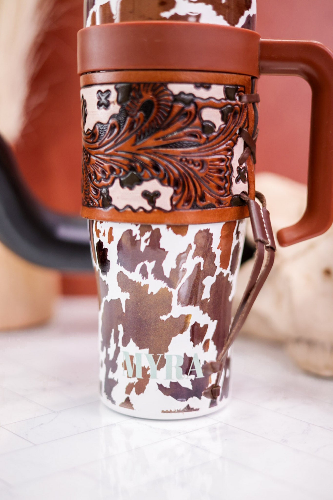 Wide Wyoming Tumbler in Brown and White Cow Print - Whiskey Skies - MYRA BAGS