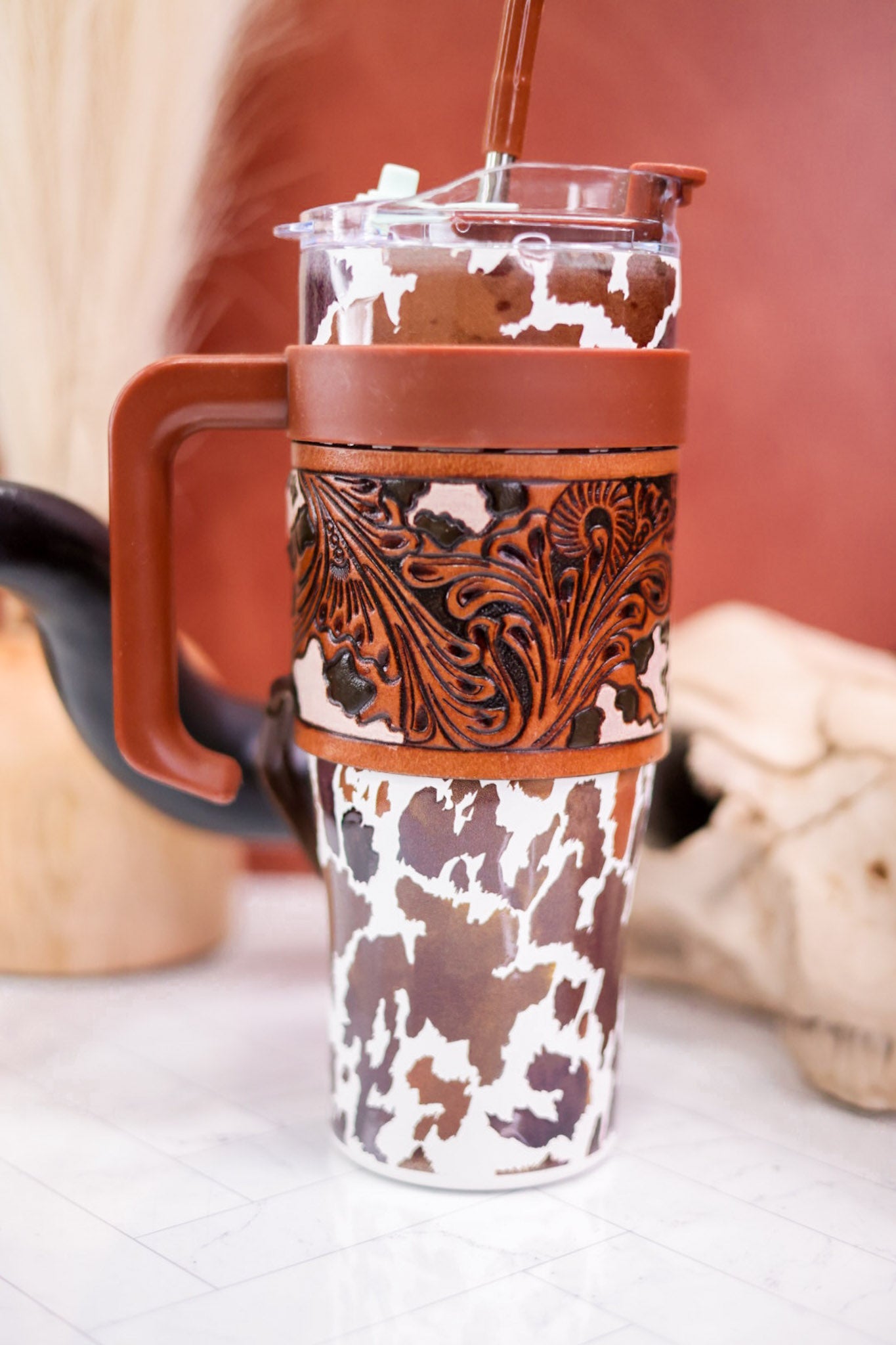 Wide Wyoming Tumbler in Brown and White Cow Print - Whiskey Skies - MYRA BAGS