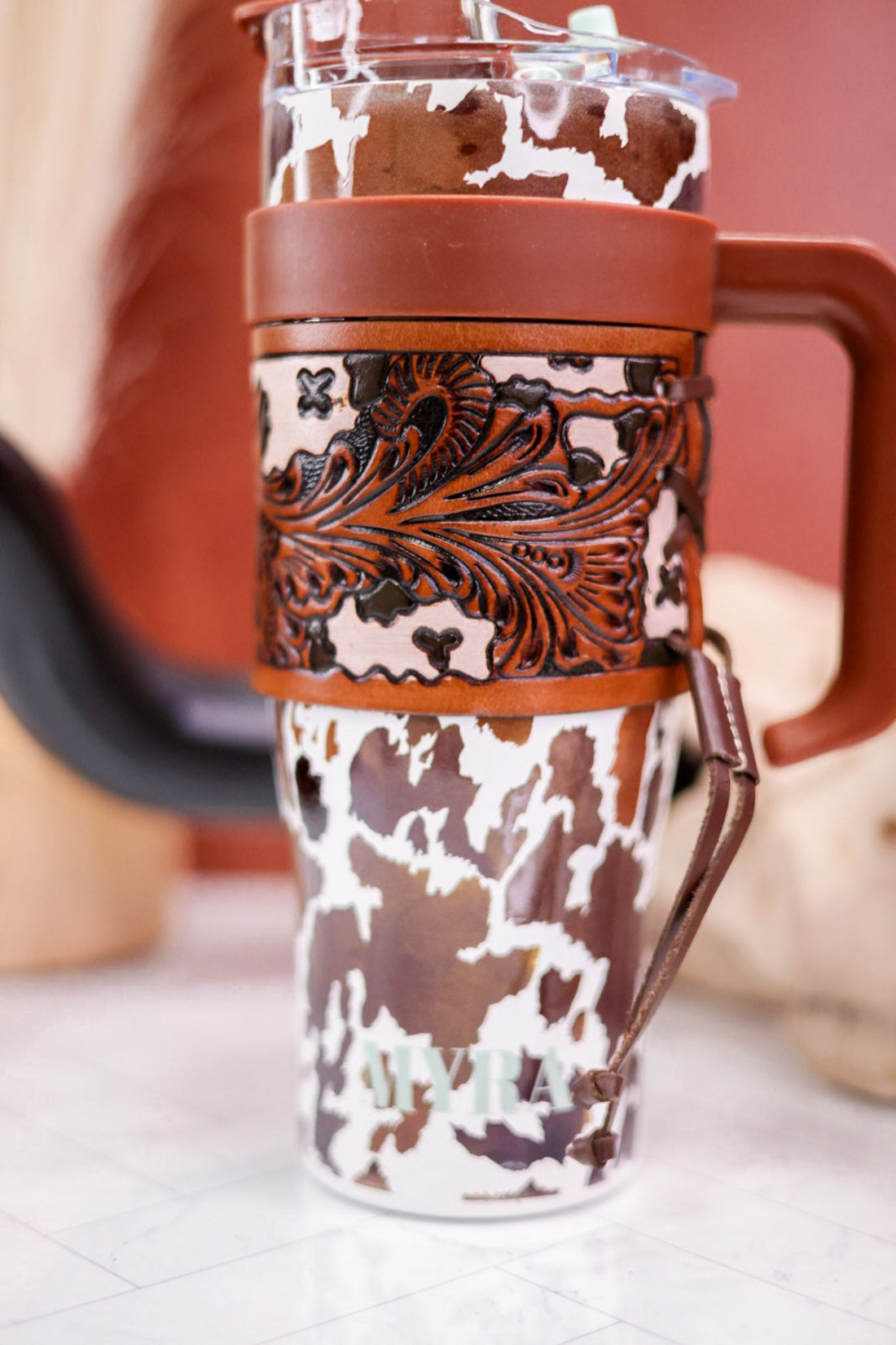 Wide Wyoming Tumbler in Brown and White Cow Print - Whiskey Skies - MYRA BAGS