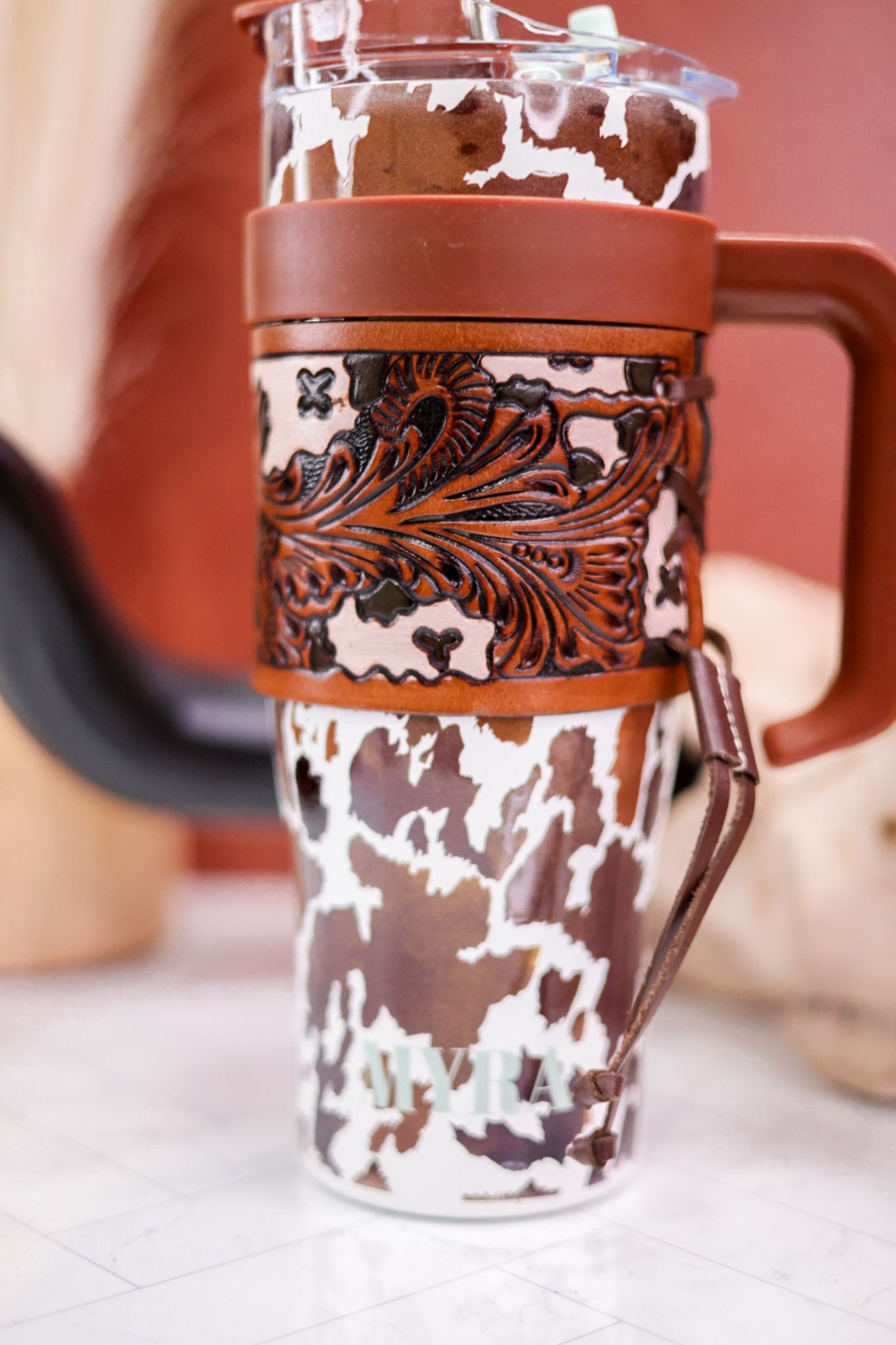 Wide Wyoming Tumbler in Brown and White Cow Print - Whiskey Skies - MYRA BAGS