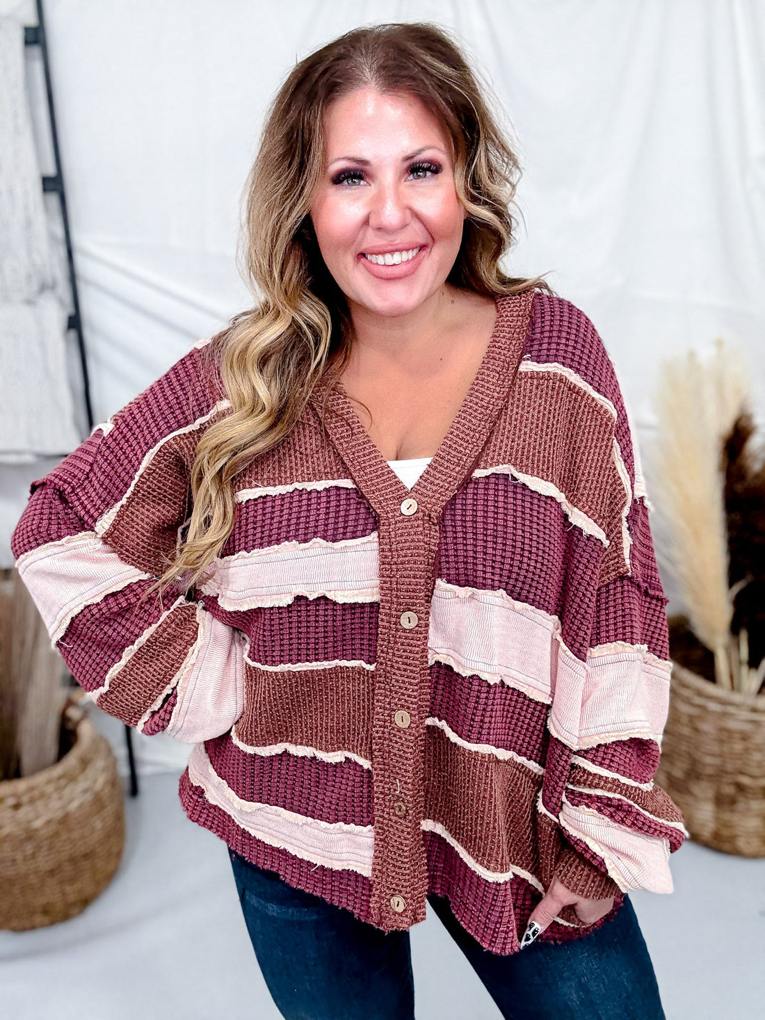Wine, Blush, & Mauve Washed Color Block & Patchwork Cardigan - Whiskey Skies - OLI & HALI