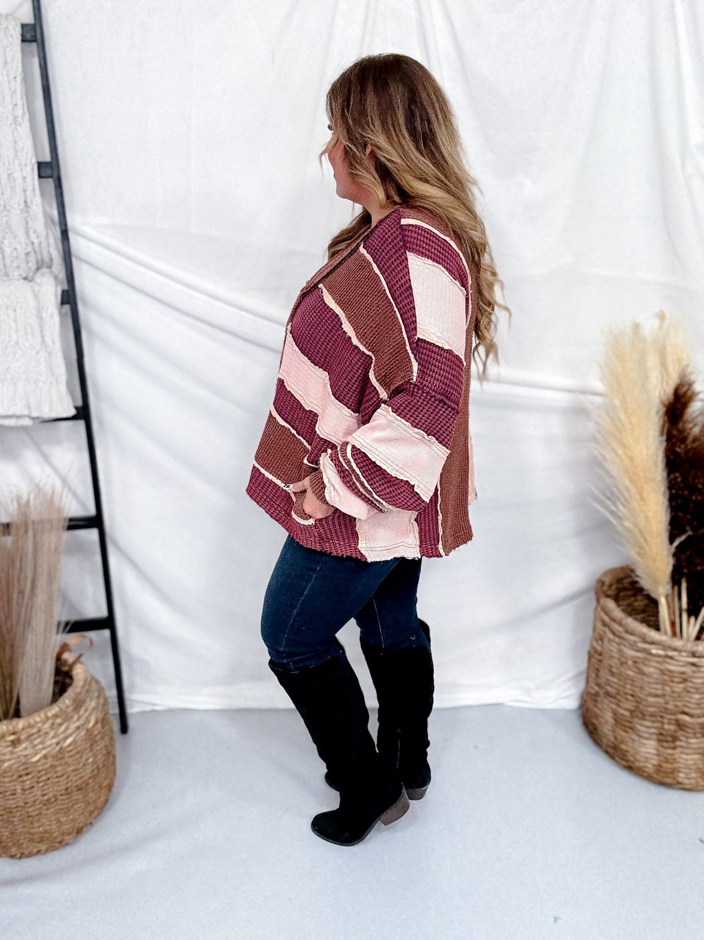 Wine, Blush, & Mauve Washed Color Block & Patchwork Cardigan - Whiskey Skies - OLI & HALI