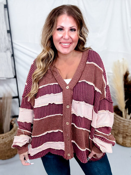 Wine, Blush, & Mauve Washed Color Block & Patchwork Cardigan - Whiskey Skies - OLI & HALI