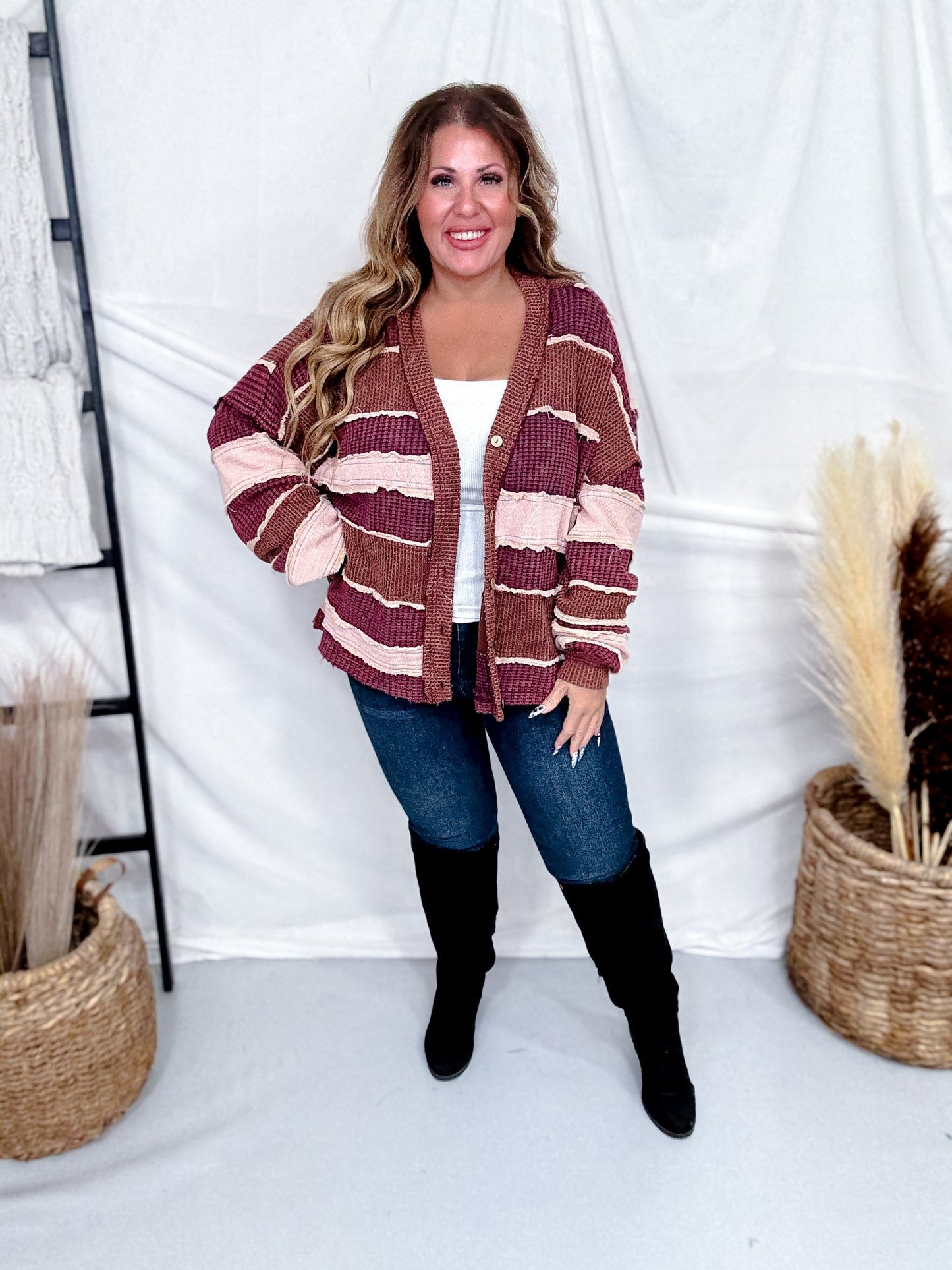 Wine, Blush, & Mauve Washed Color Block & Patchwork Cardigan - Whiskey Skies - OLI & HALI