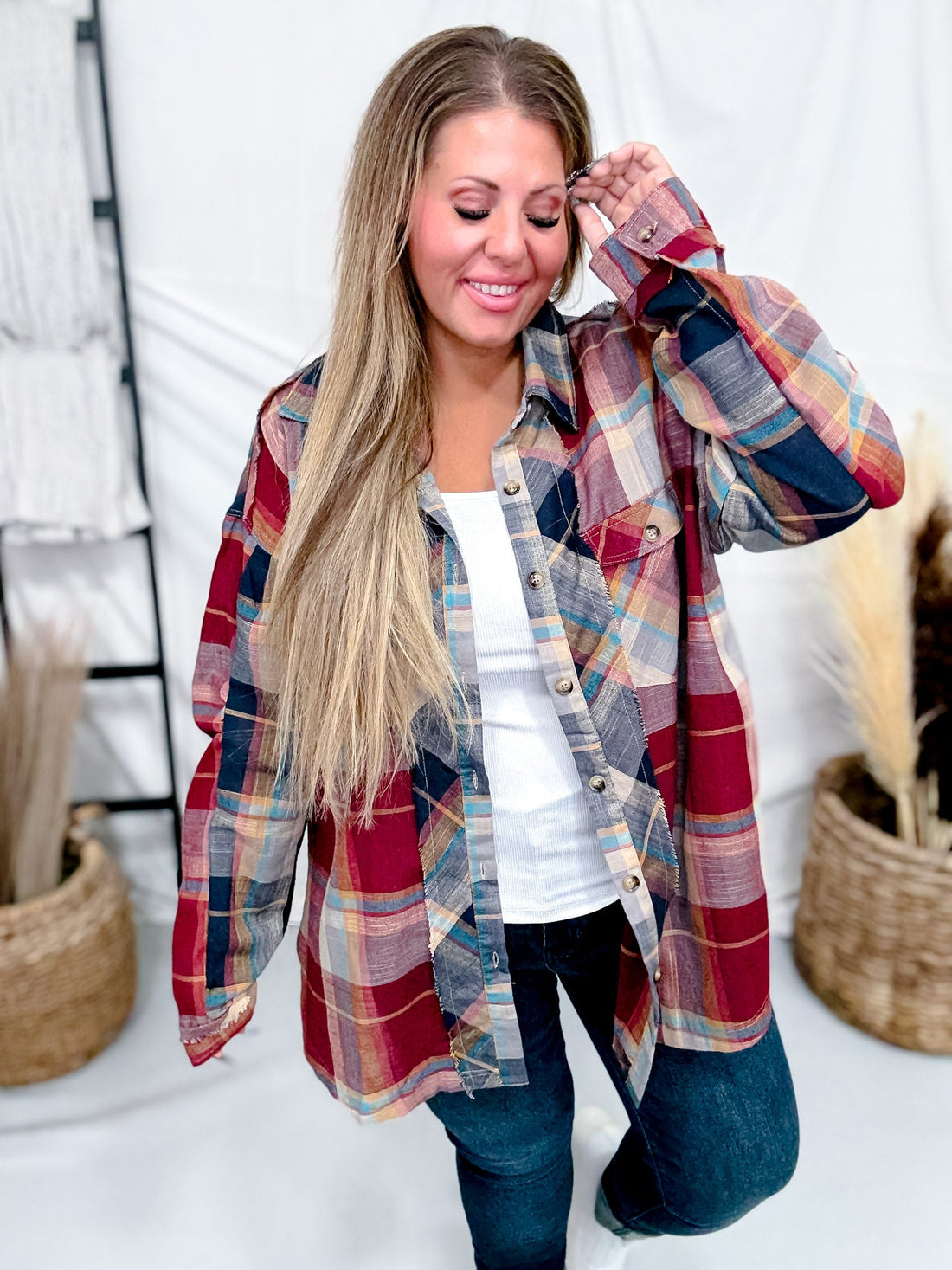Wine & Navy Plaid Button Down Flannel With Shirred Sleeves - Whiskey Skies - KORI AMERICA