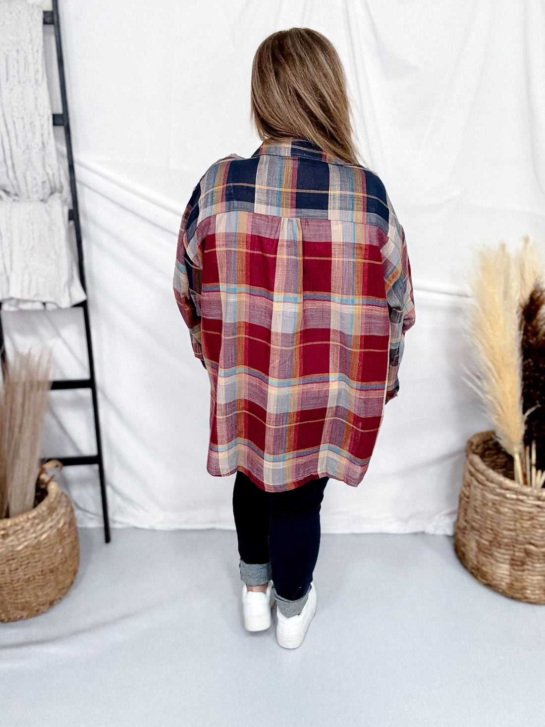 Wine & Navy Plaid Button Down Flannel With Shirred Sleeves - Whiskey Skies - KORI AMERICA