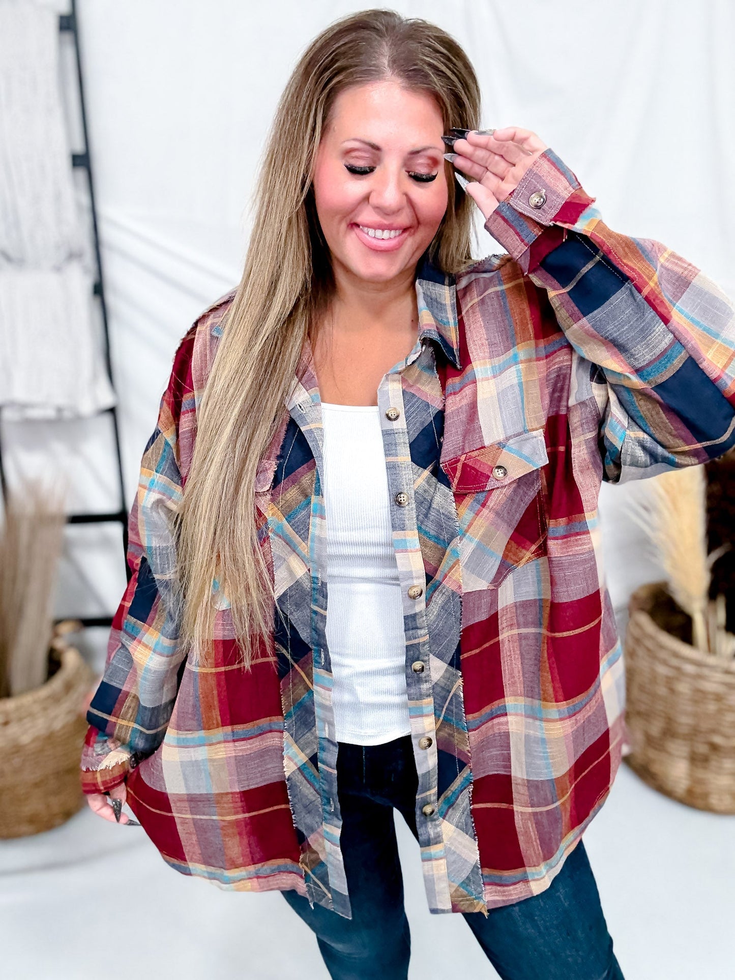 Wine & Navy Plaid Button Down Flannel With Shirred Sleeves - Whiskey Skies - KORI AMERICA
