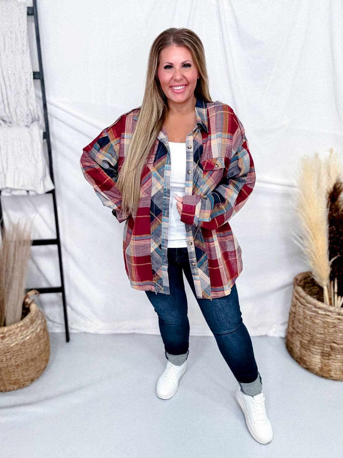 Wine & Navy Plaid Button Down Flannel With Shirred Sleeves - Whiskey Skies - KORI AMERICA