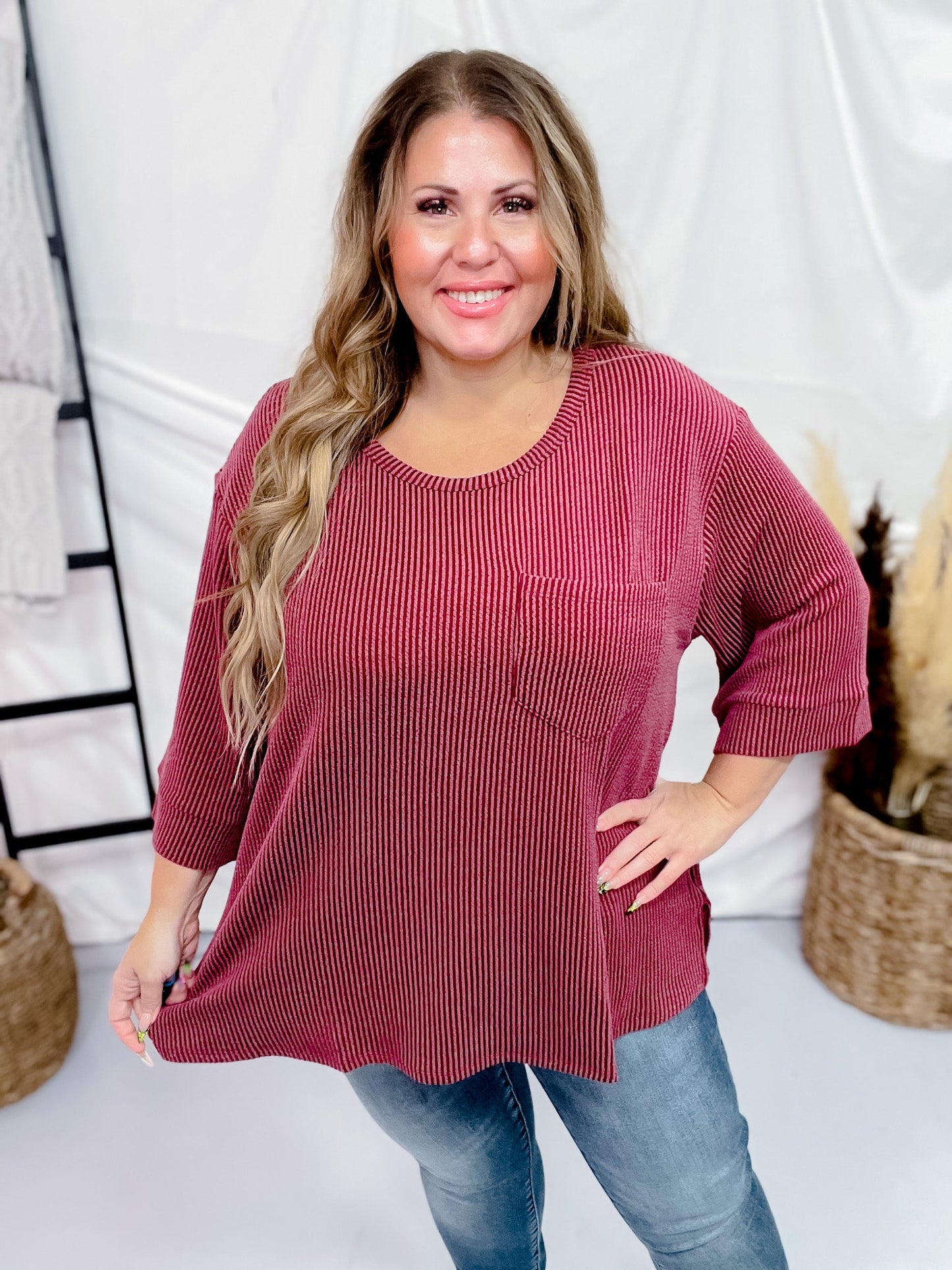 Wine Ribbed 3/4 Sleeve Boxy Top - Whiskey Skies - ANDREE BY UNIT