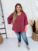 Wine Ribbed 3/4 Sleeve Boxy Top - Whiskey Skies - ANDREE BY UNIT