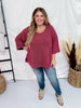 Wine Ribbed 3/4 Sleeve Boxy Top - Whiskey Skies - ANDREE BY UNIT