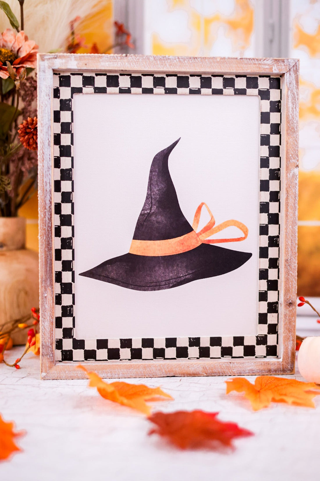 Witch Hat and Autumn Leaves Reversible Framed Sign - Whiskey Skies - ADAMS & CO