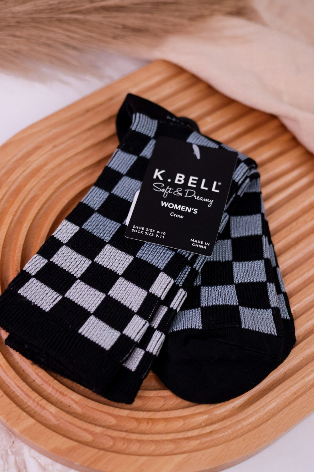 Women's Black, Grey, & White Check Crew Socks - Whiskey Skies - RENFRO SOCKS