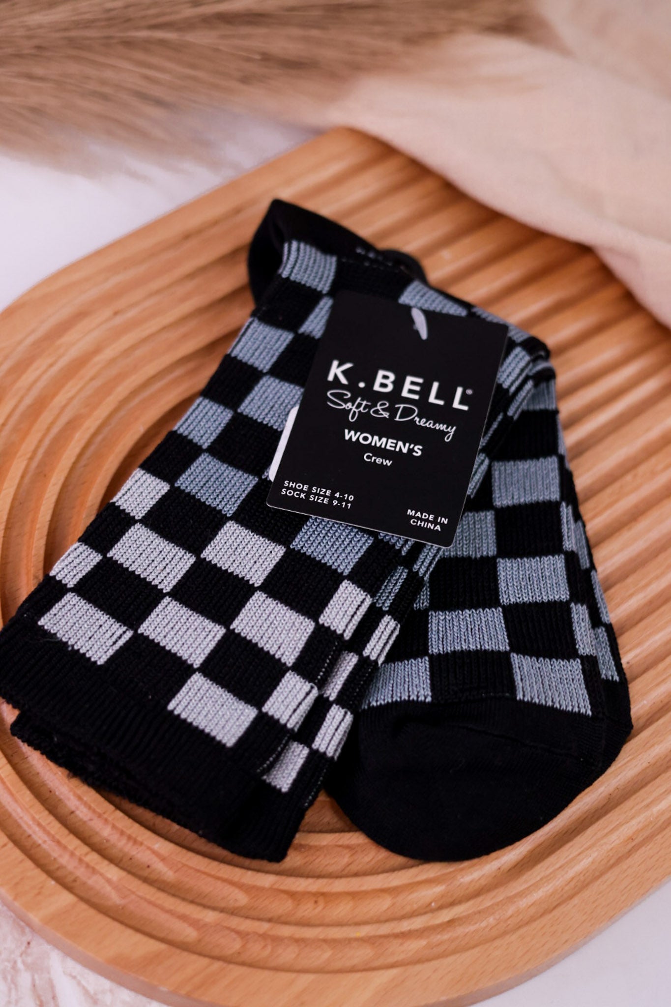 Women's Black, Grey, & White Check Crew Socks - Whiskey Skies - RENFRO SOCKS