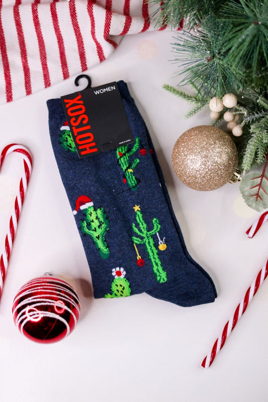 Women's Christmas Cactus Crew Socks - Whiskey Skies - RENFRO SOCKS