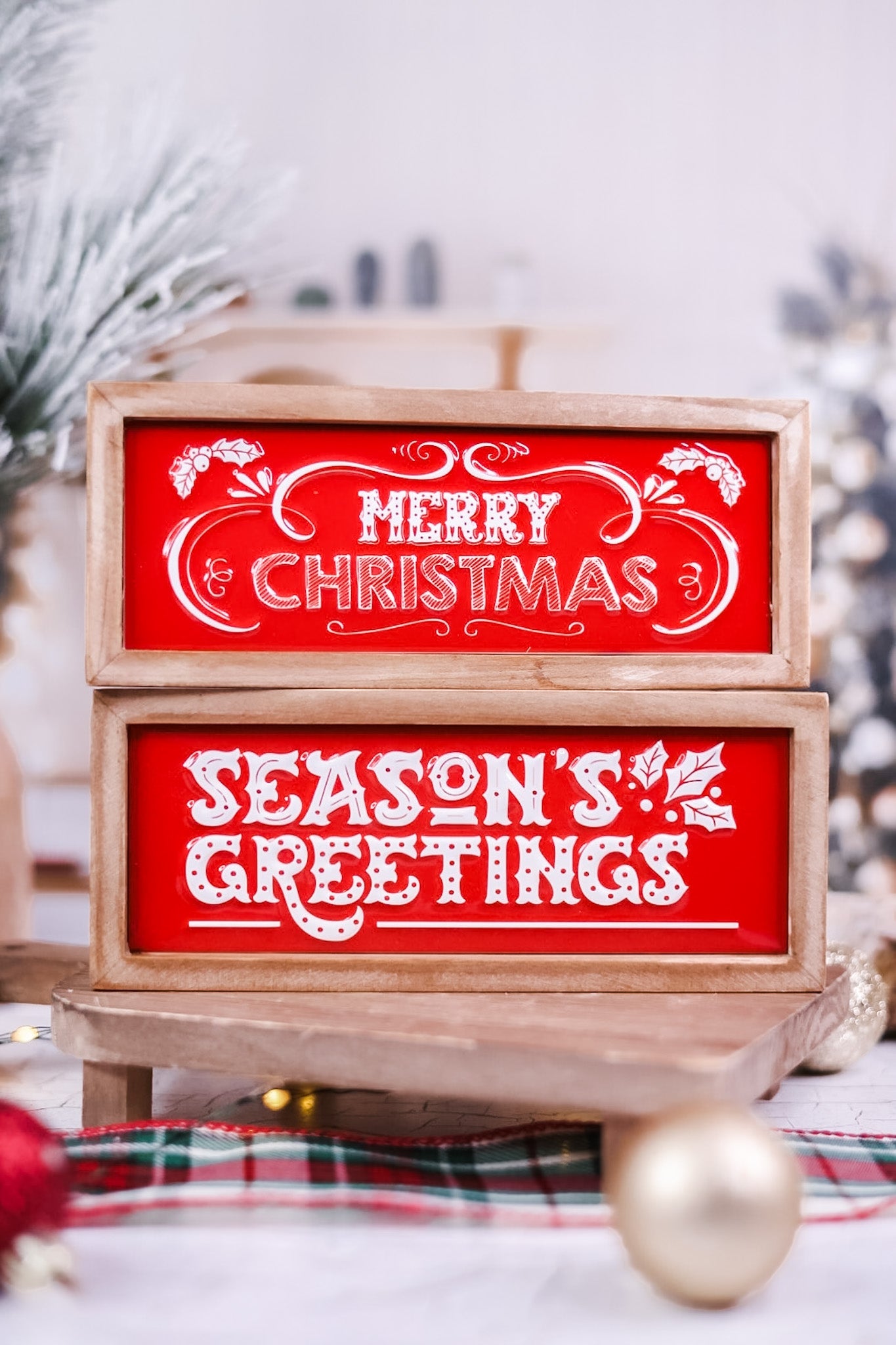 Wood - Framed Red Metal Christmas Signs (2 Styles) - Whiskey Skies - SPECIAL T IMPORTS INC