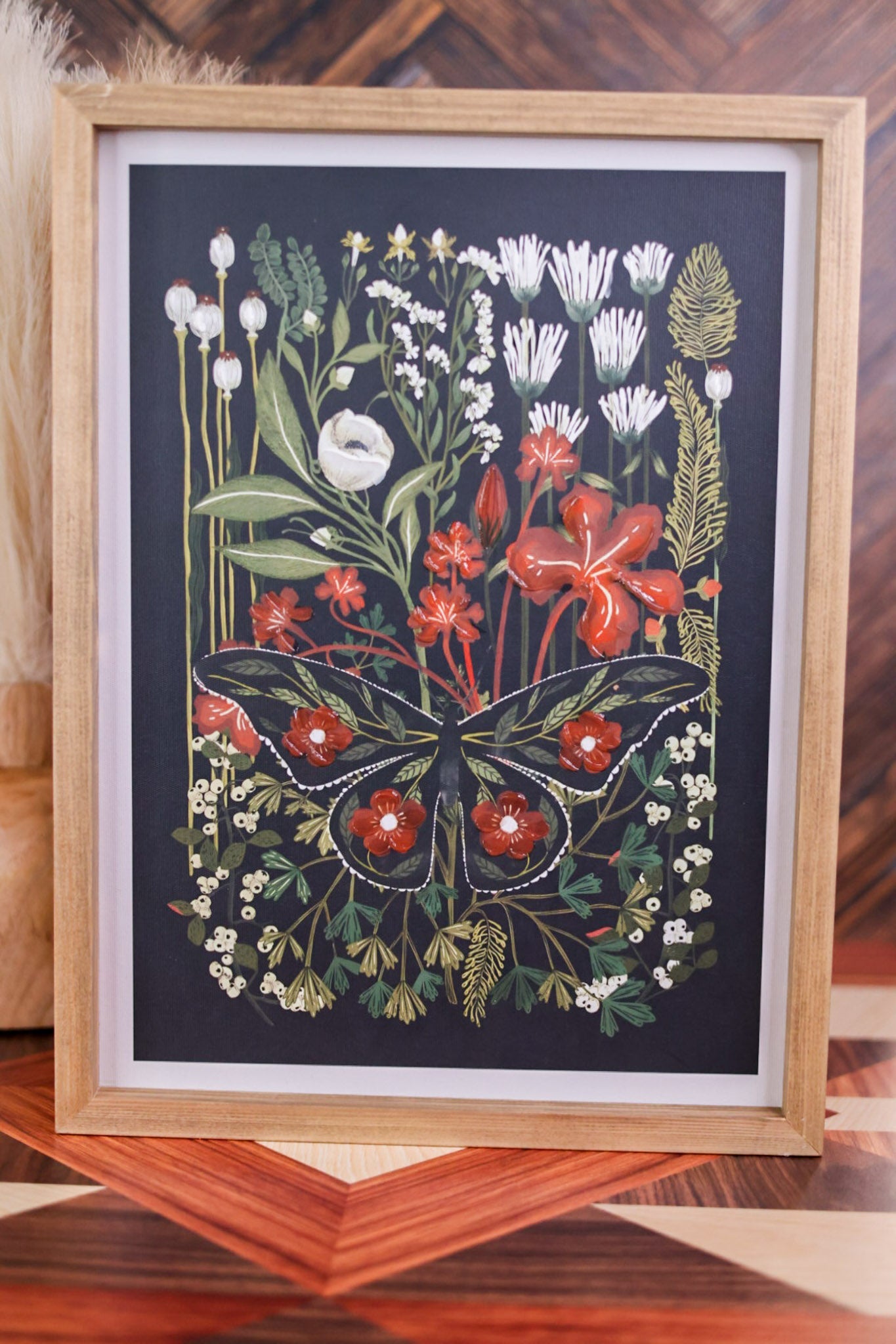 Wood Framed Textured Floral and Butterfly Painting - Whiskey Skies - YOUNG'S INC