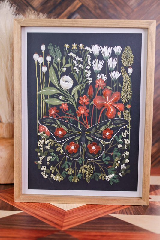 Wood Framed Textured Floral and Butterfly Painting - Whiskey Skies - YOUNG'S INC