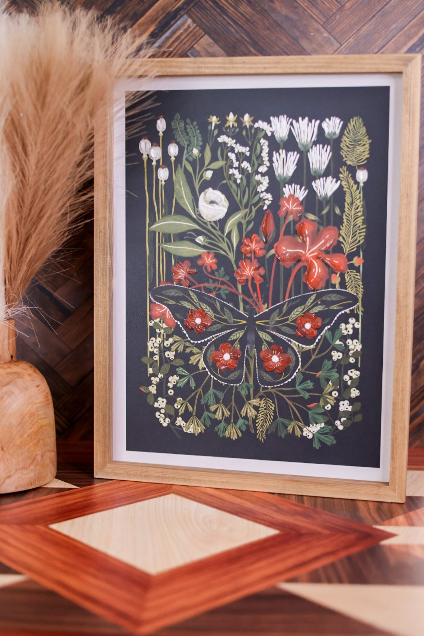 Wood Framed Textured Floral and Butterfly Painting - Whiskey Skies - YOUNG'S INC