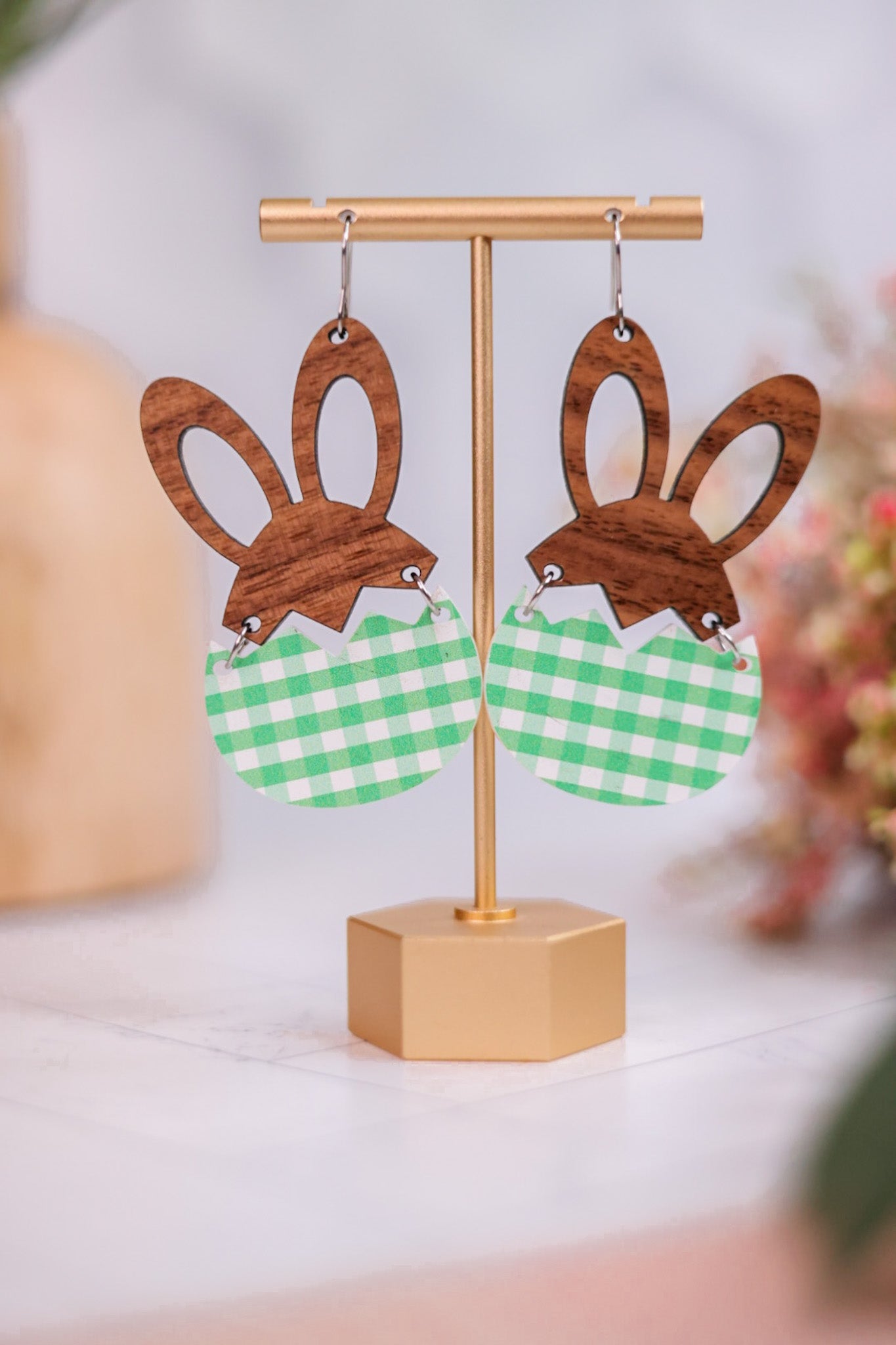 Wood Hare & Green Gingham Earrings - Whiskey Skies - DOOHICKIES