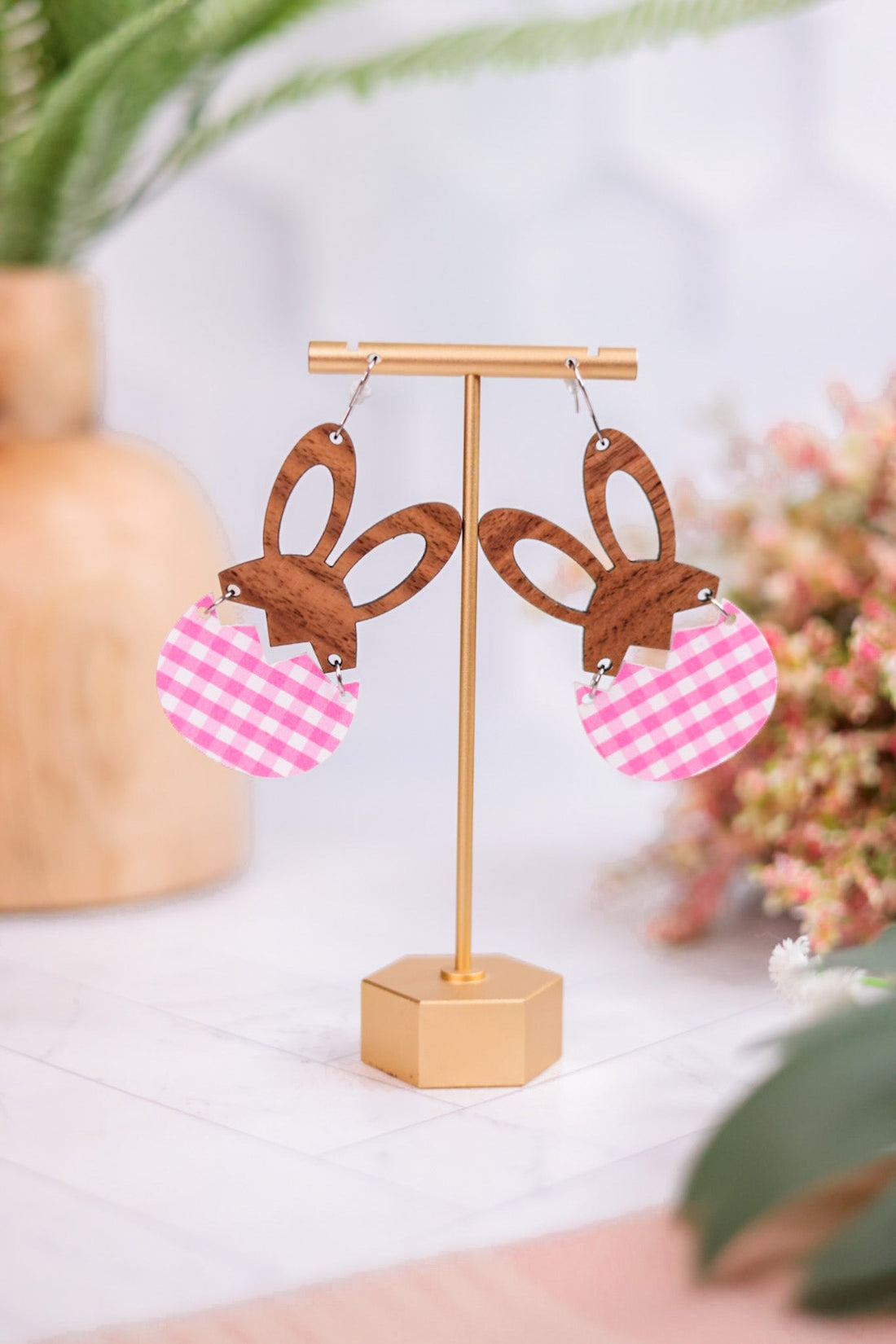 Wood Hare & Pink Gingham Earrings - Whiskey Skies - DOOHICKIES