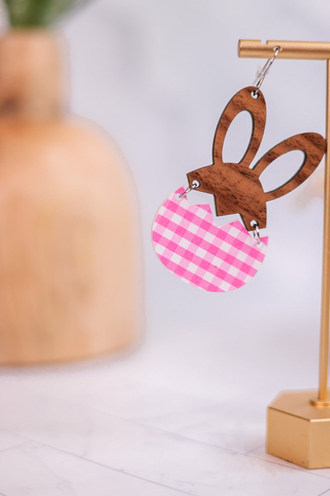 Wood Hare & Pink Gingham Earrings - Whiskey Skies - DOOHICKIES