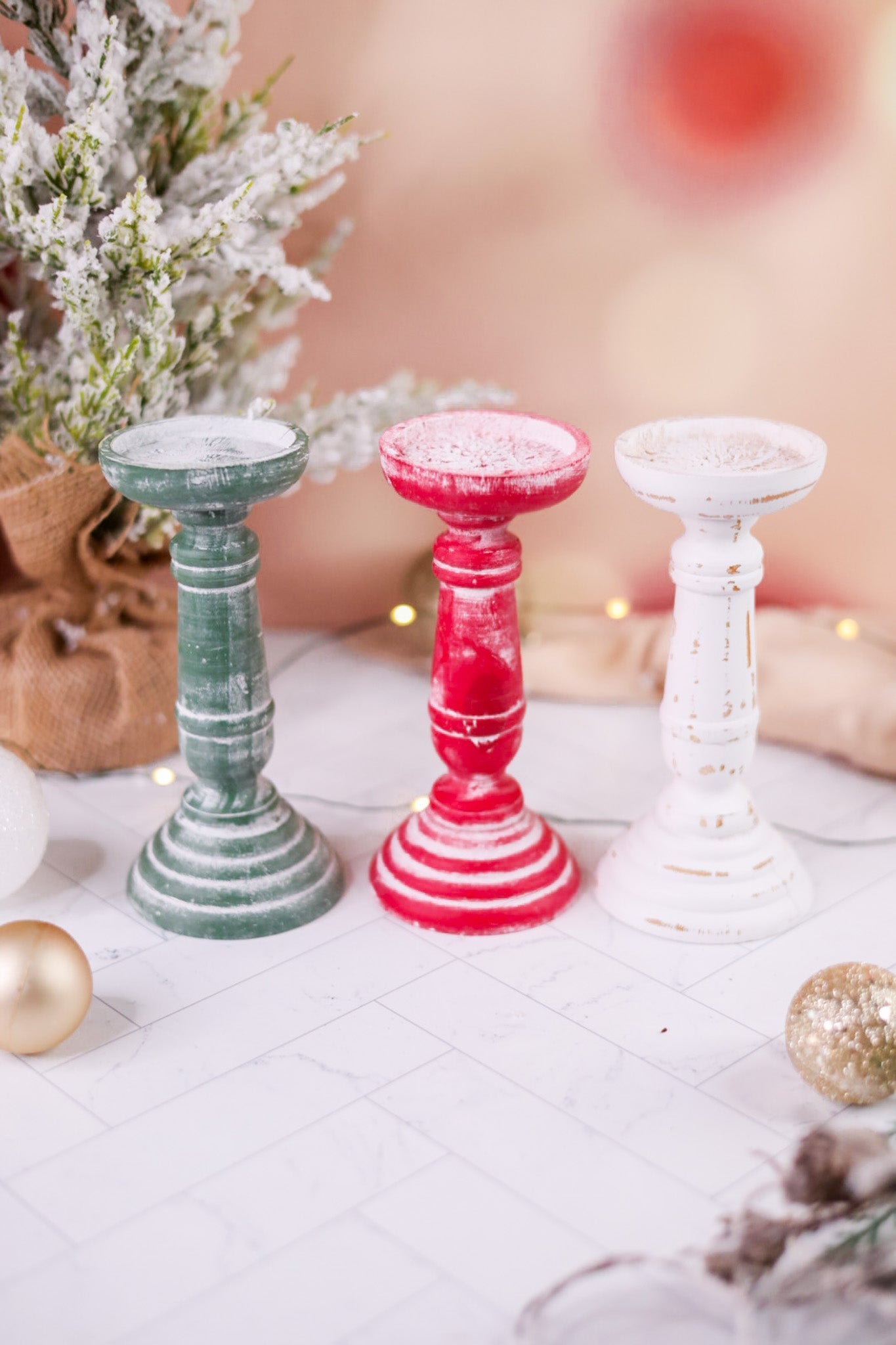 Wooden 6" Christmas Candle Stands (3 Colors) - Whiskey Skies - SPECIAL T IMPORTS INC