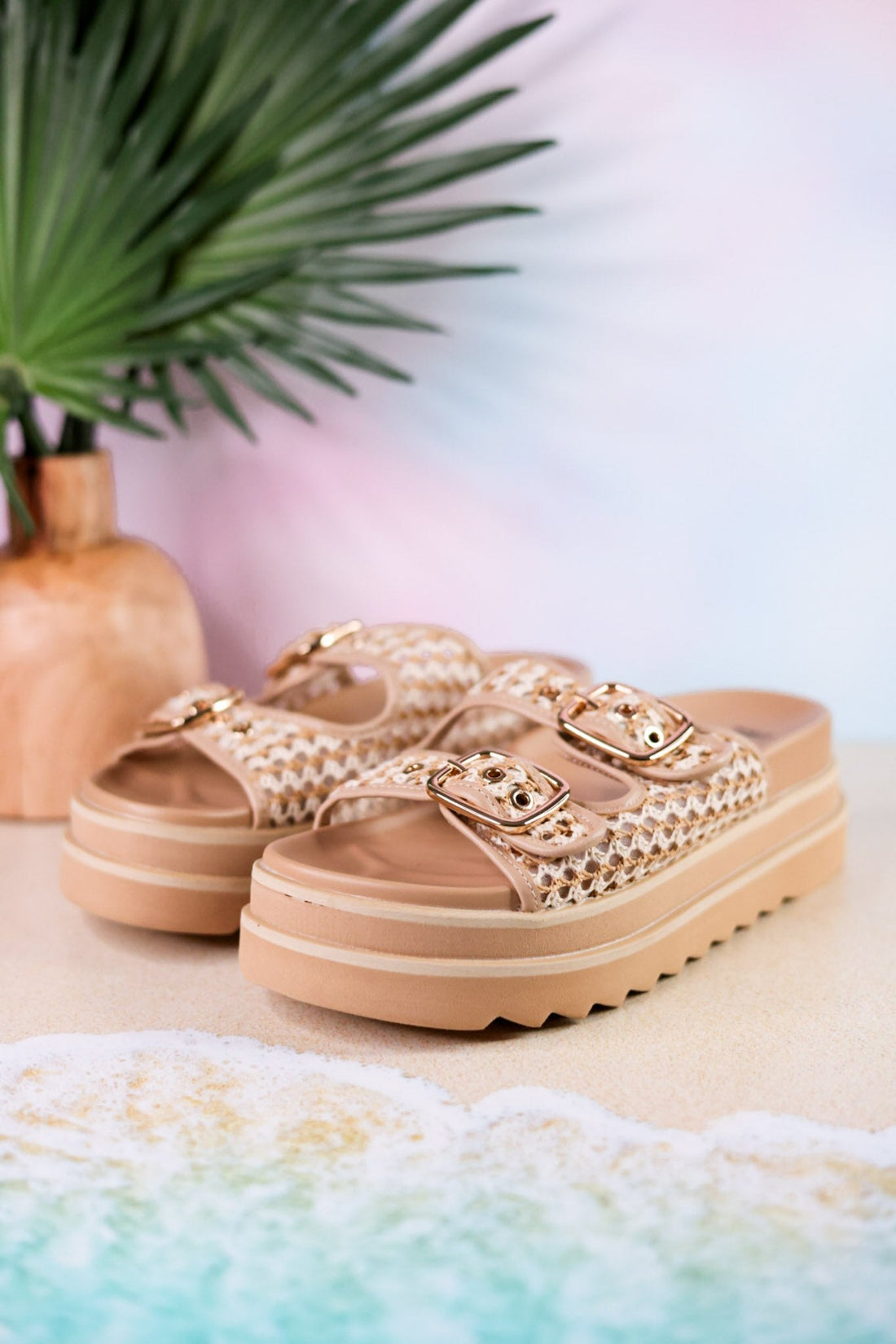 Word On The Street Slides With Woven Straps - Whiskey Skies - CORKYS FOOTWEAR