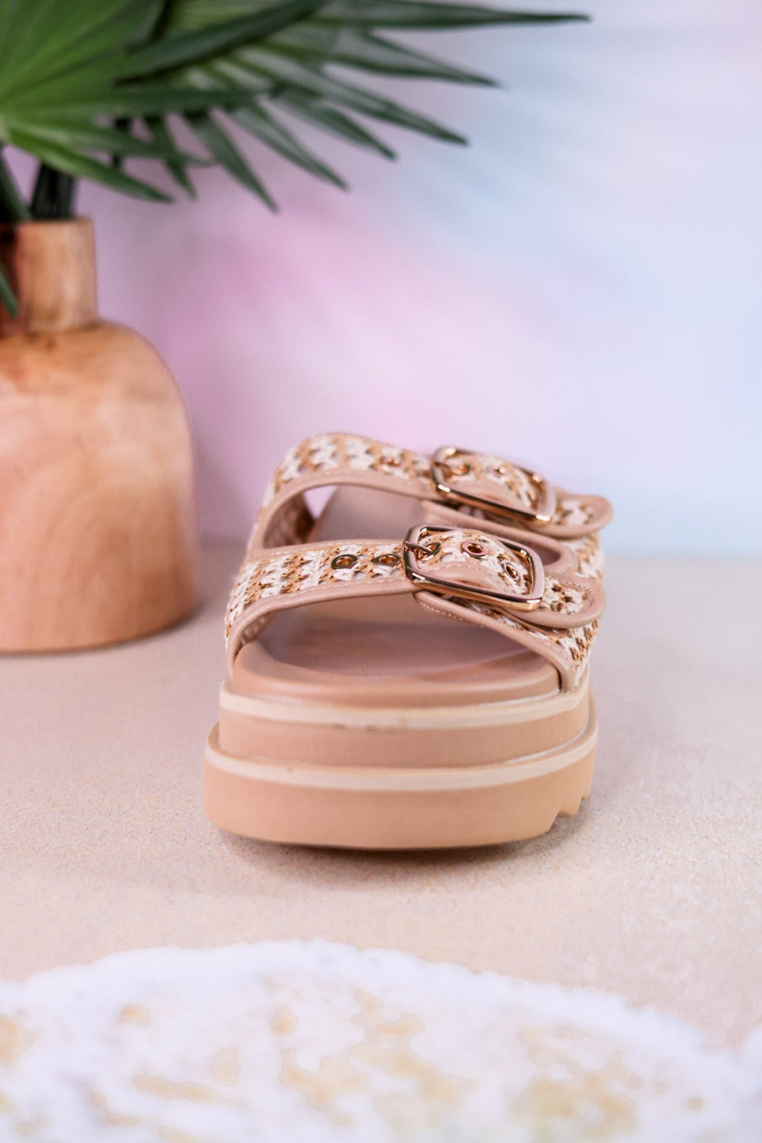 Word On The Street Slides With Woven Straps - Whiskey Skies - CORKYS FOOTWEAR