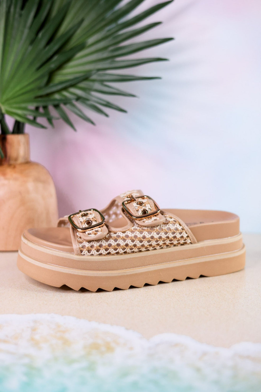 Word On The Street Slides With Woven Straps - Whiskey Skies - CORKYS FOOTWEAR