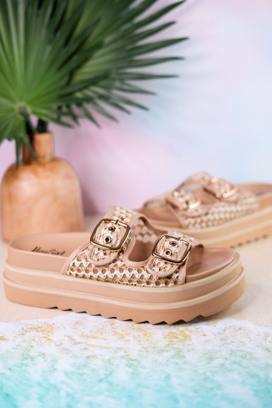 Word On The Street Slides With Woven Straps - Whiskey Skies - CORKYS FOOTWEAR