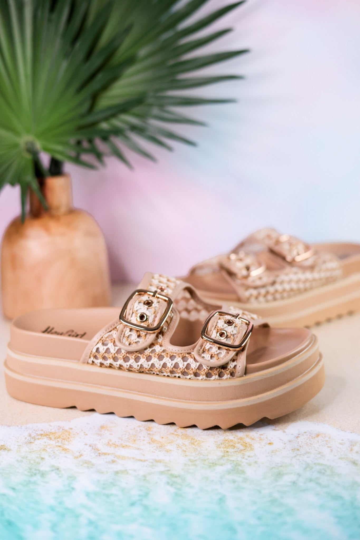 Word On The Street Slides With Woven Straps - Whiskey Skies - CORKYS FOOTWEAR