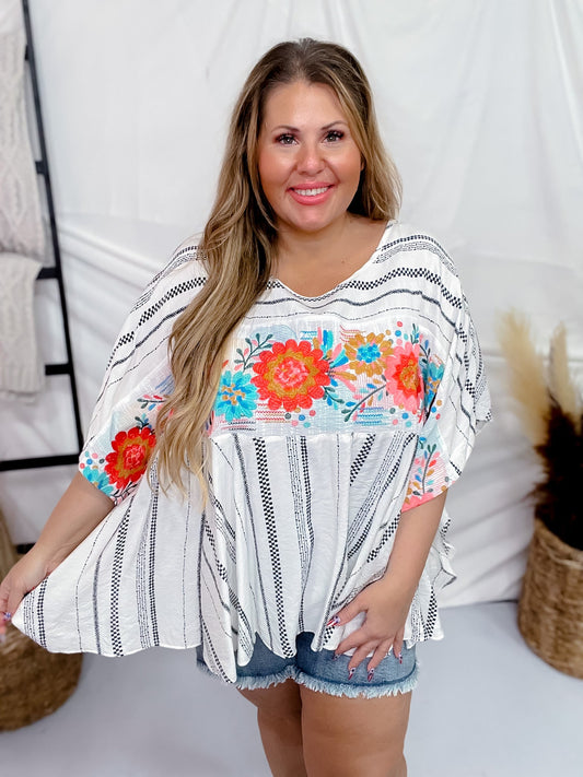 Woven Poncho Top with Colorful Floral Embroidery - Whiskey Skies - ANDREE BY UNIT