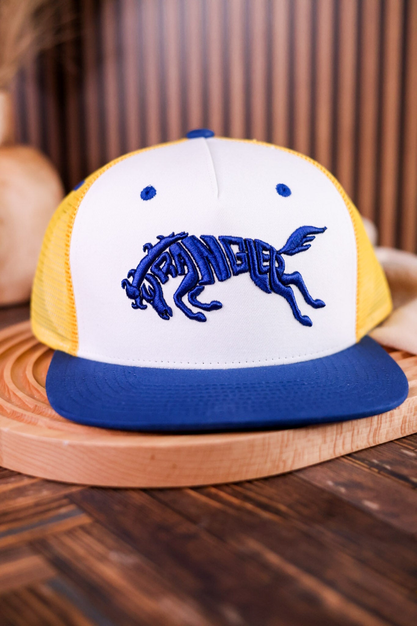 Wrangler "Free Spirit" Yellow, Blue, & White Trucker Hat - Whiskey Skies - CAPX
