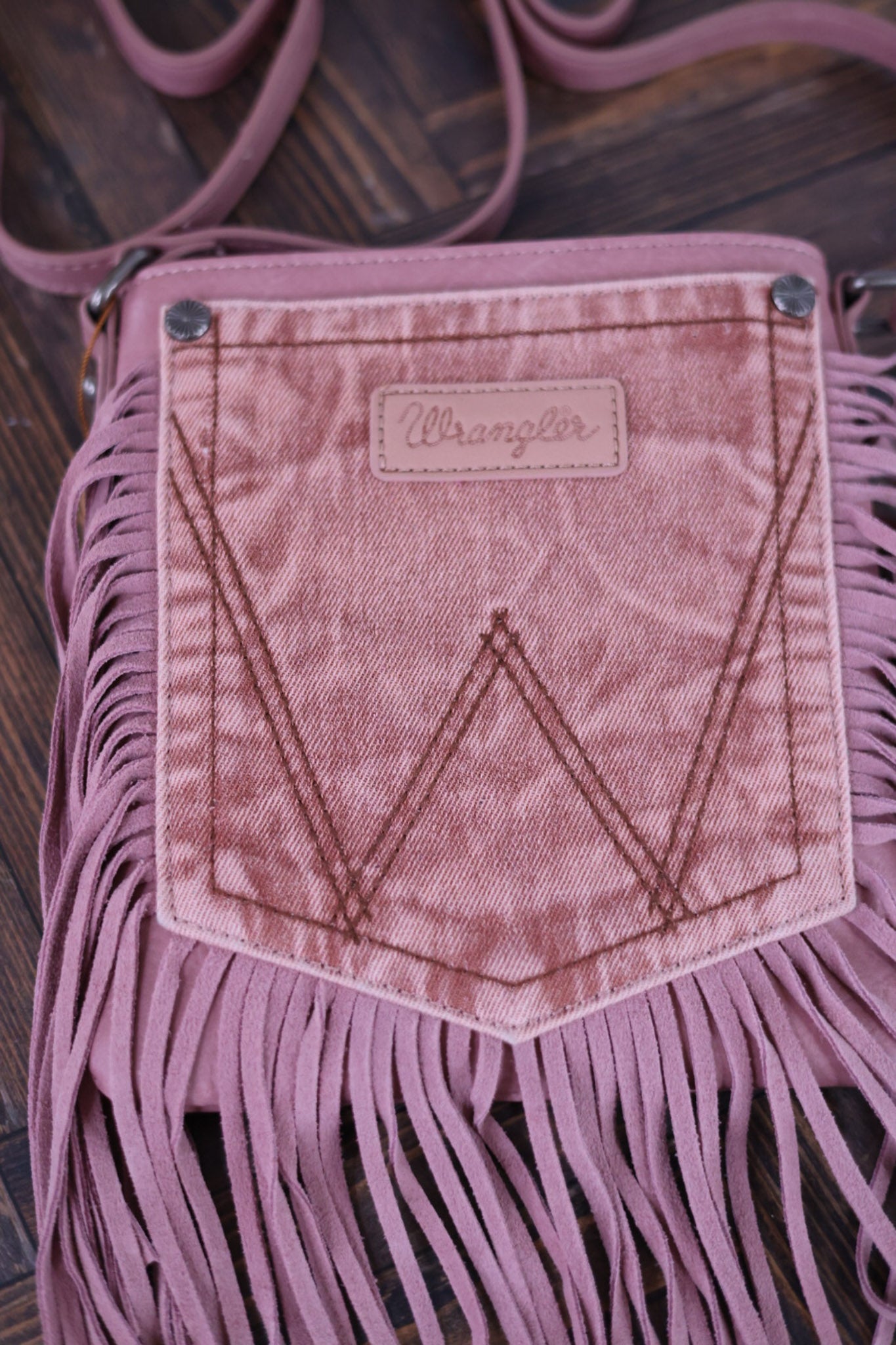 Wrangler Pink Leather Fringe Denim Crossbody Bag - Whiskey Skies - MONTANA WEST