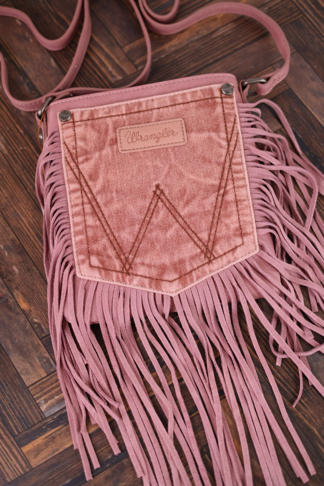 Wrangler Pink Leather Fringe Denim Crossbody Bag - Whiskey Skies - MONTANA WEST