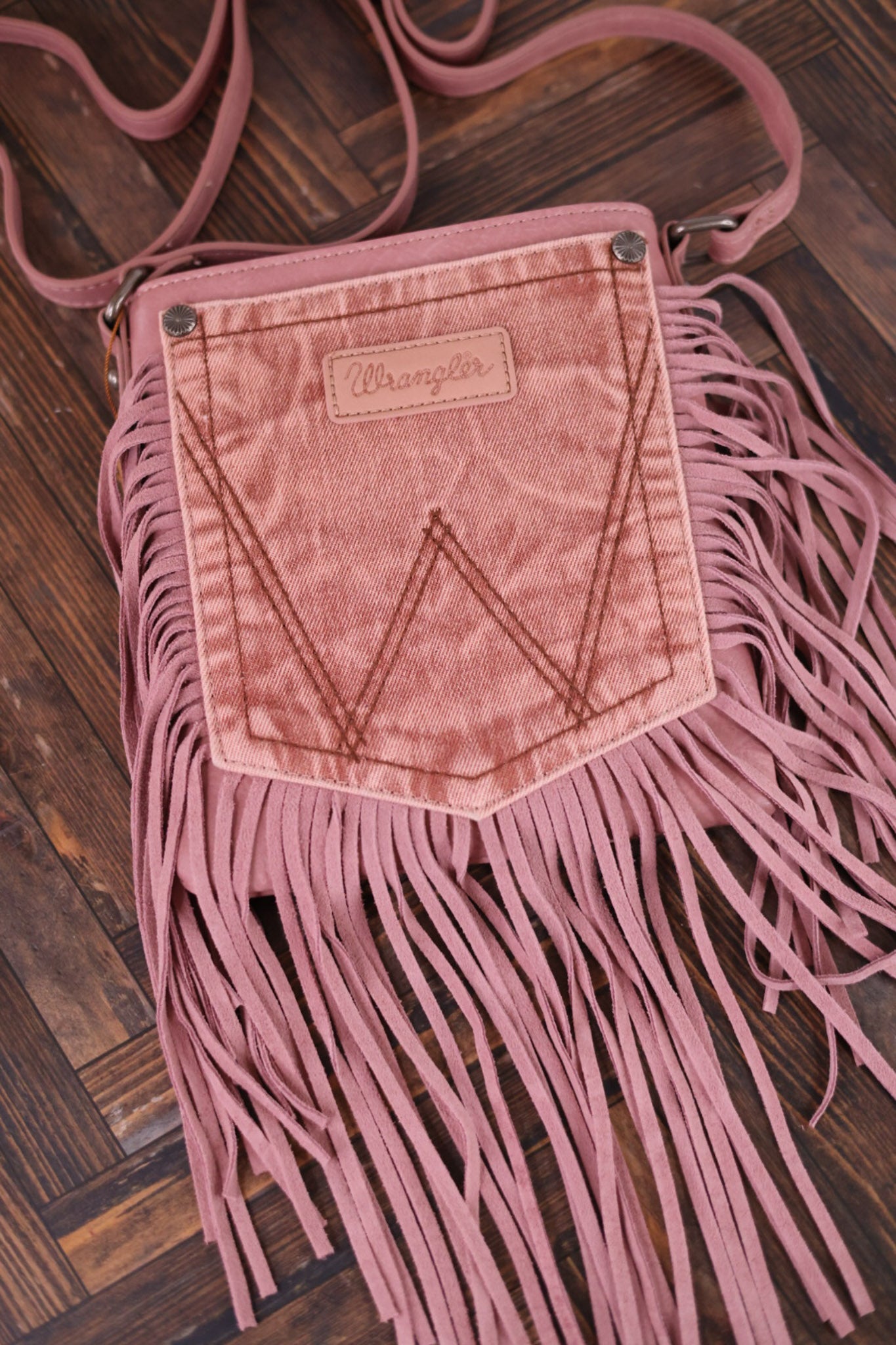 Wrangler Pink Leather Fringe Denim Crossbody Bag - Whiskey Skies - MONTANA WEST